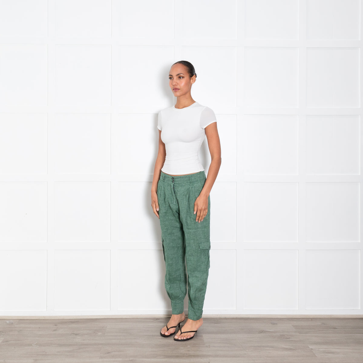 Brora Green Textured Linen Trousers With Button Ankle UK 10
