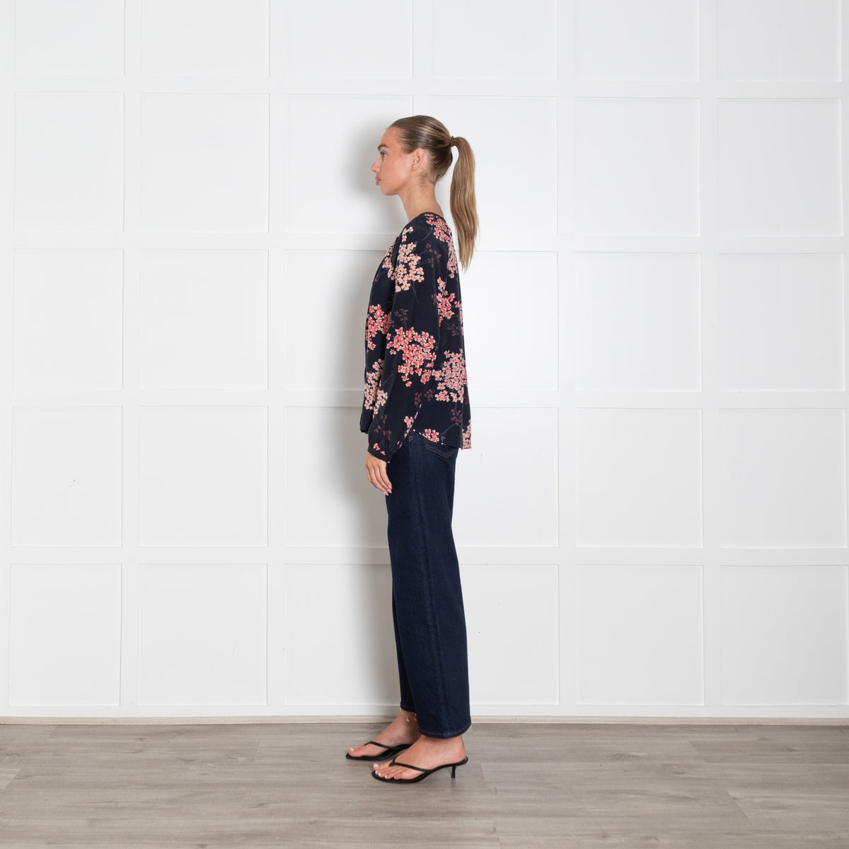 Rebecca Taylor Navy Blue Pink Blossom Print Blouse