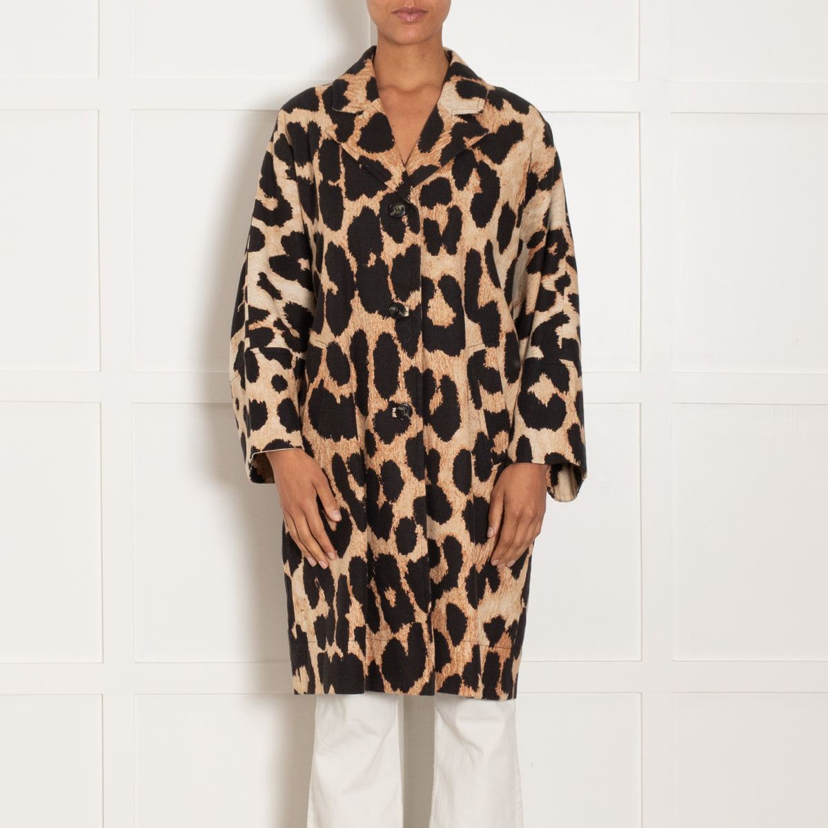 Ganni Brown Linen Leopard Print Coat