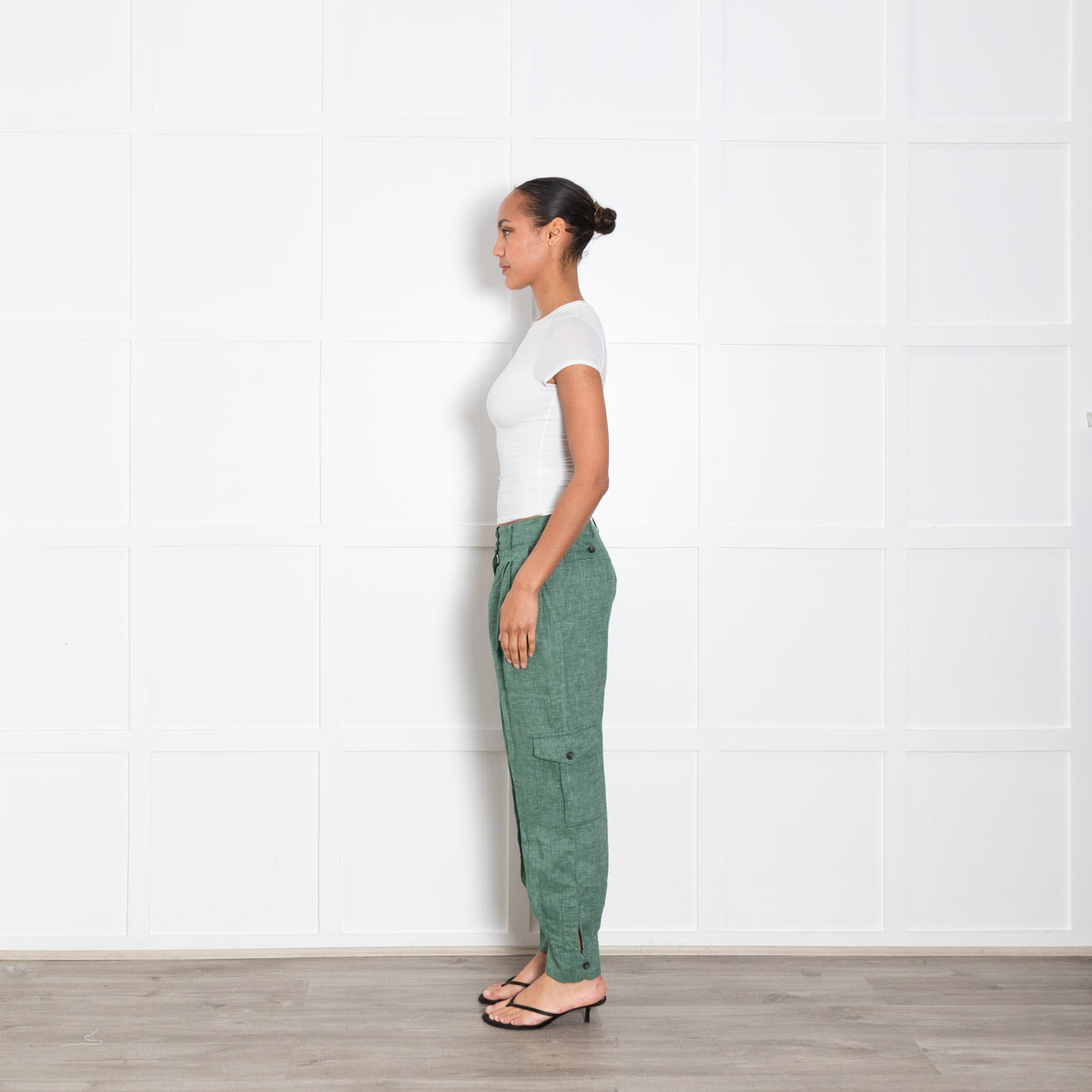 Brora Green Textured Linen Trousers With Button Ankle UK 10