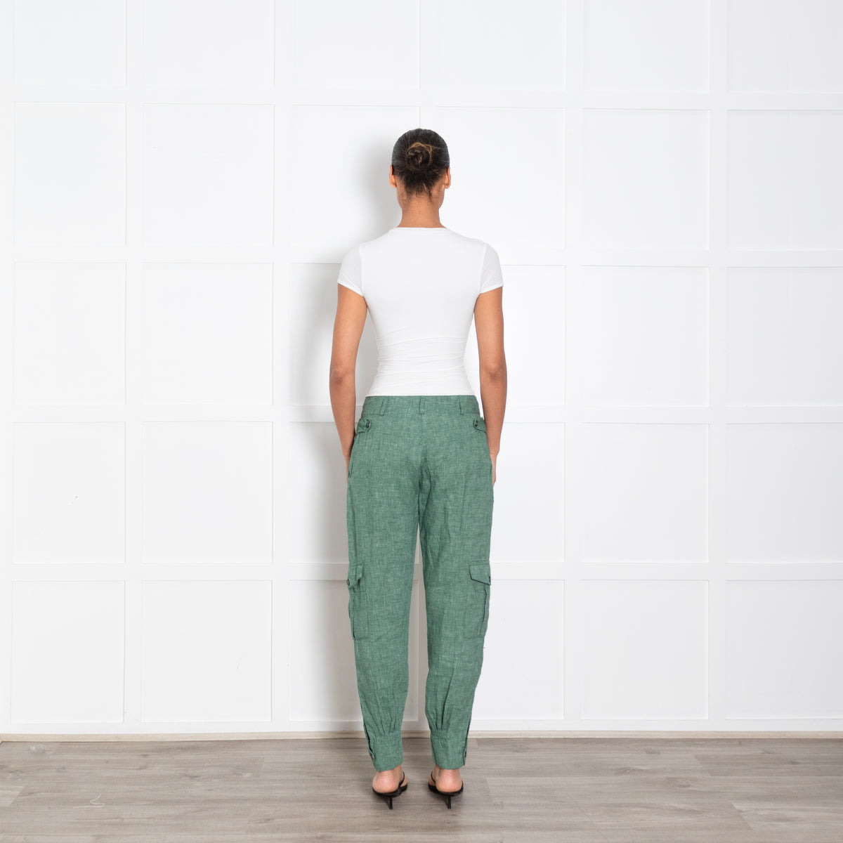 Brora Green Textured Linen Trousers With Button Ankle UK 10
