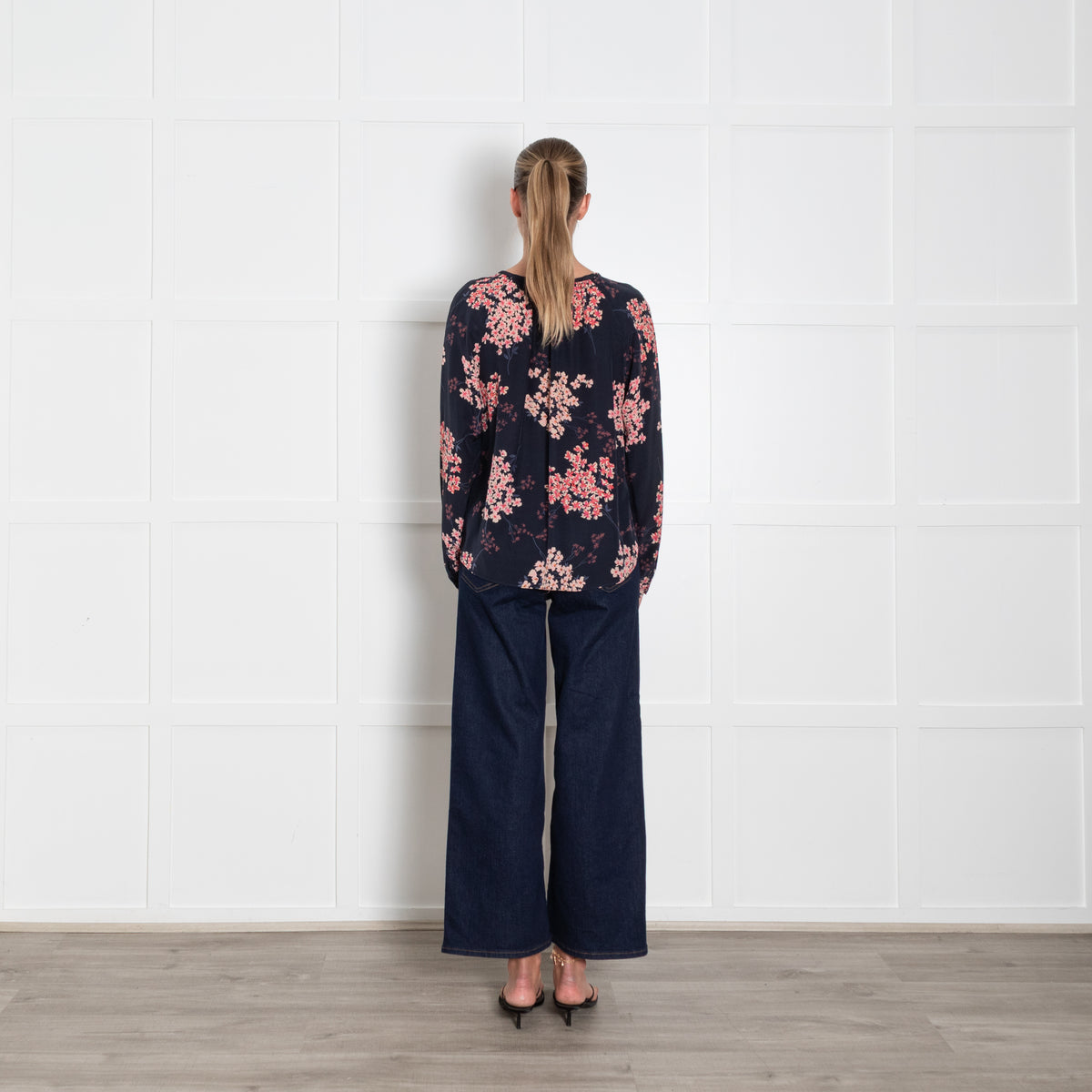 Rebecca Taylor Navy Blue Pink Blossom Print Blouse