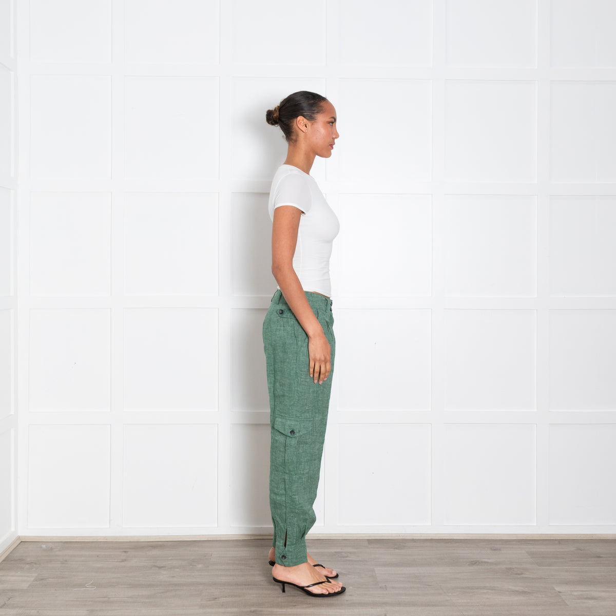 Brora Green Textured Linen Trousers With Button Ankle UK 10