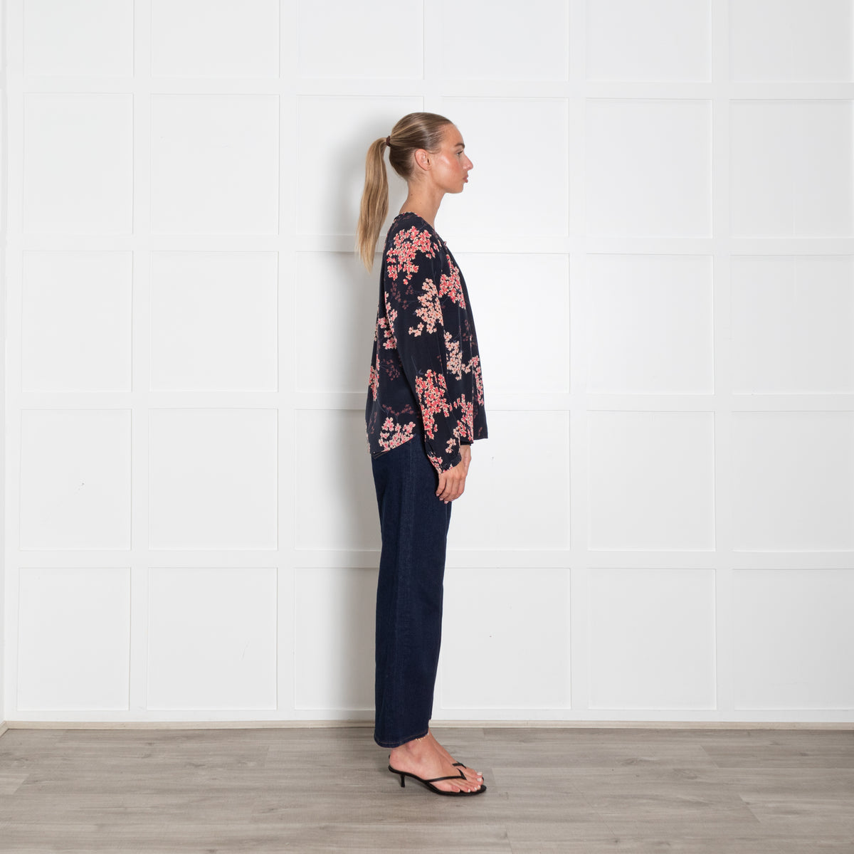 Rebecca Taylor Navy Blue Pink Blossom Print Blouse