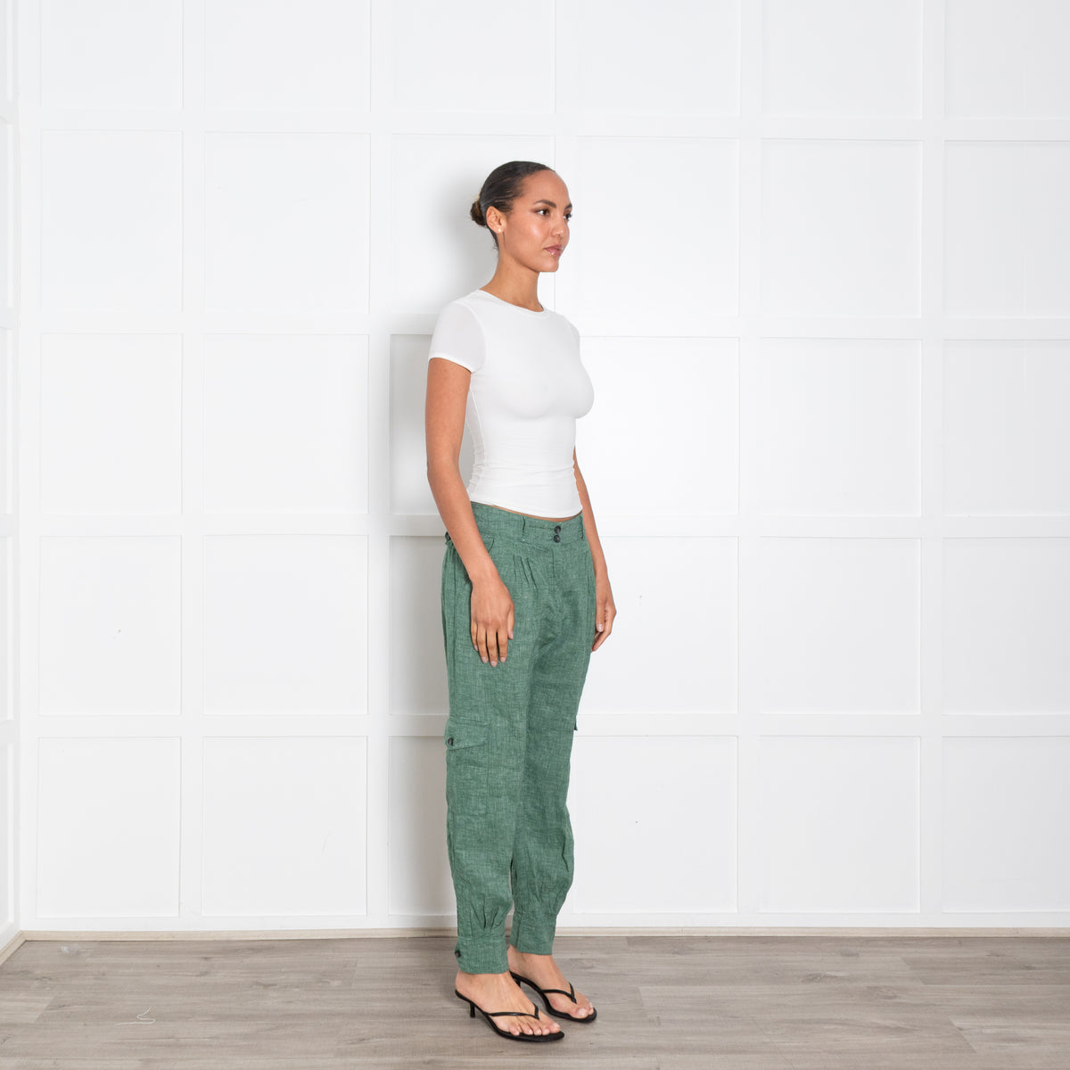 Brora Green Textured Linen Trousers With Button Ankle UK 10