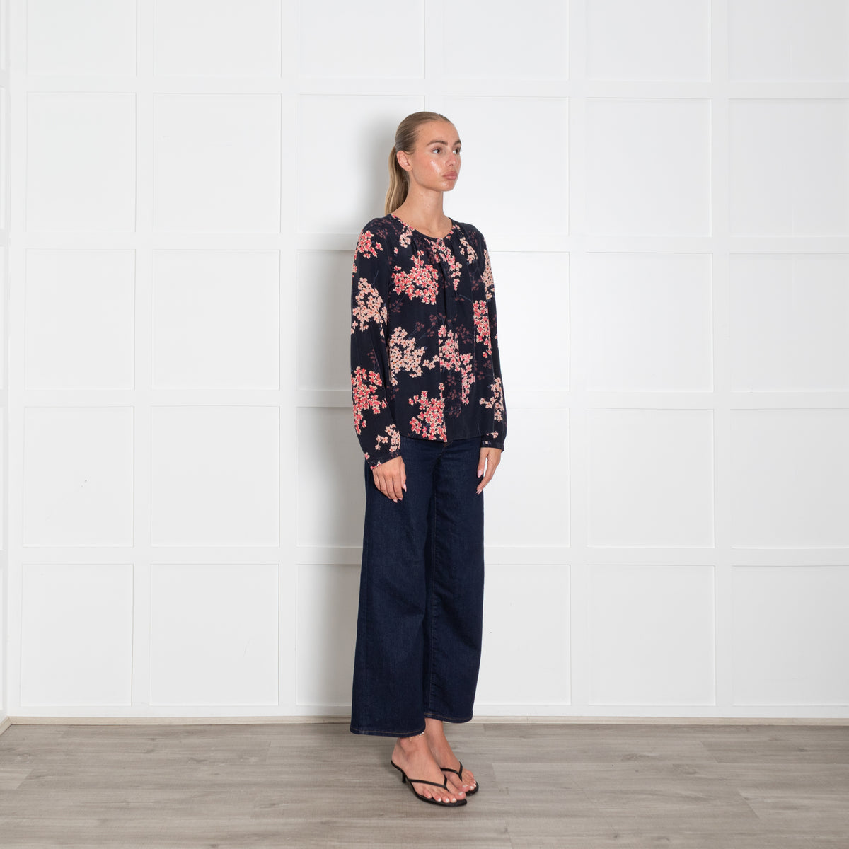Rebecca Taylor Navy Blue Pink Blossom Print Blouse