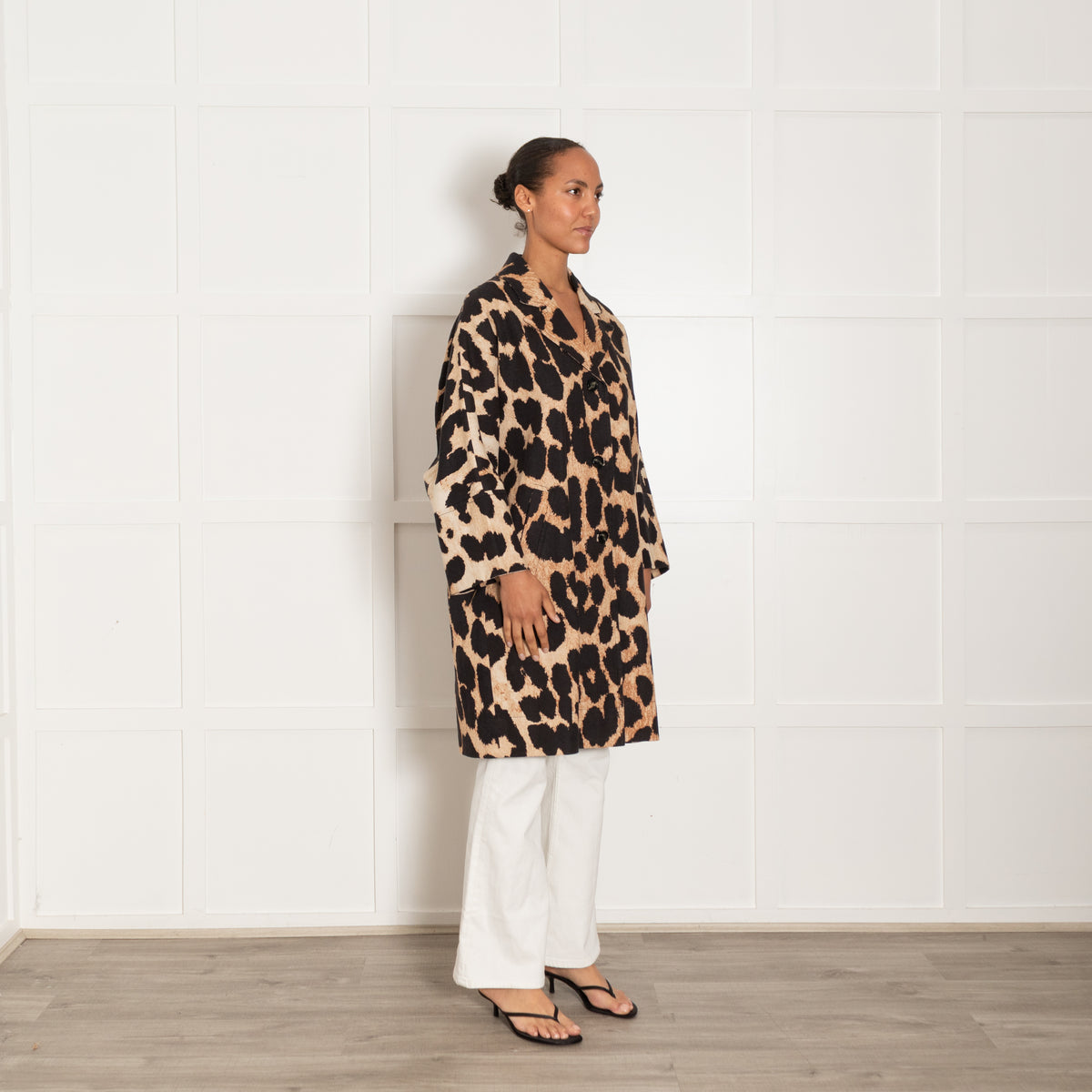 Ganni Brown Linen Leopard Print Coat