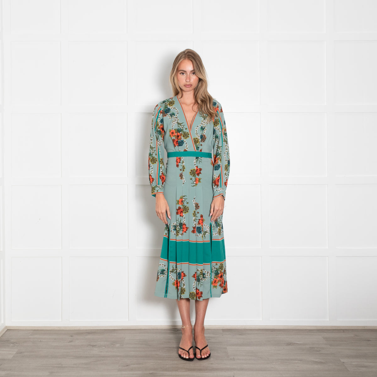 Sandro Green Floral Print Kimono Inspired Maxi Dress