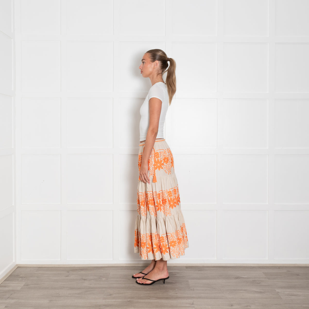 Maje Beige Orange Flower Embroidery Tiered Maxi Skirt