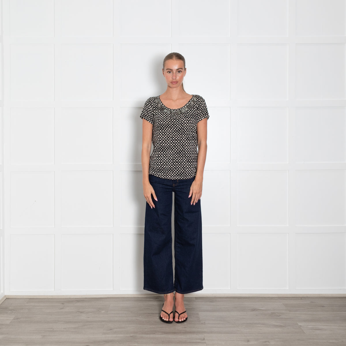 Weekend Max Mara Cream Black Print Beaded T Shirt