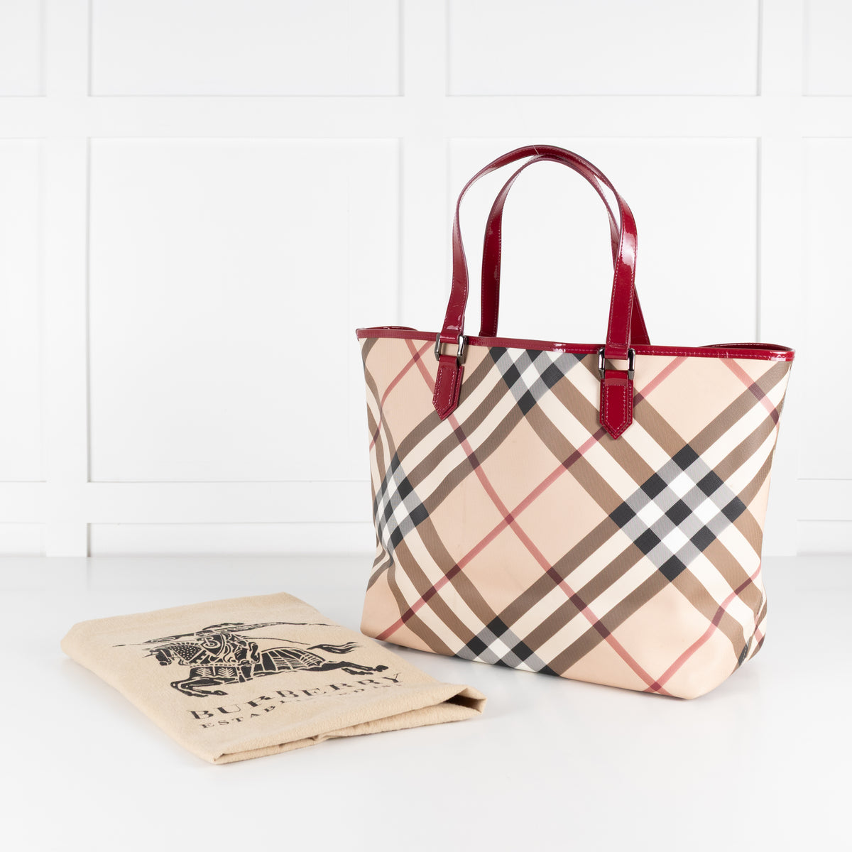 Burberry Nova Check Tote Bag with Red Patent Handles