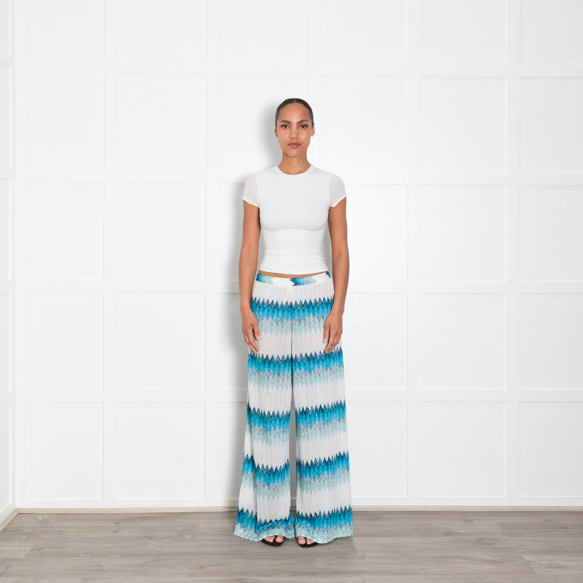 Missoni White and Turquoise Chevron Knit Trousers