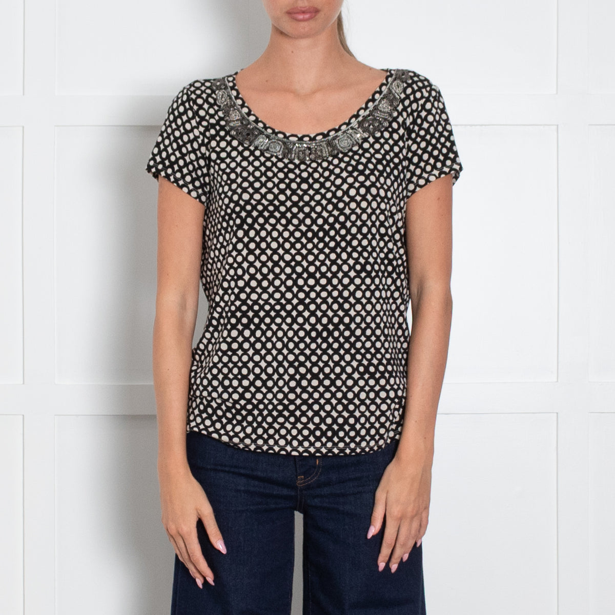 Weekend Max Mara Cream Black Print Beaded T Shirt