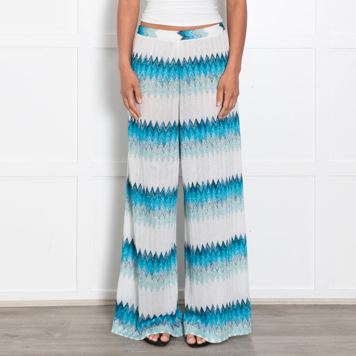 Missoni White and Turquoise Chevron Knit Trousers
