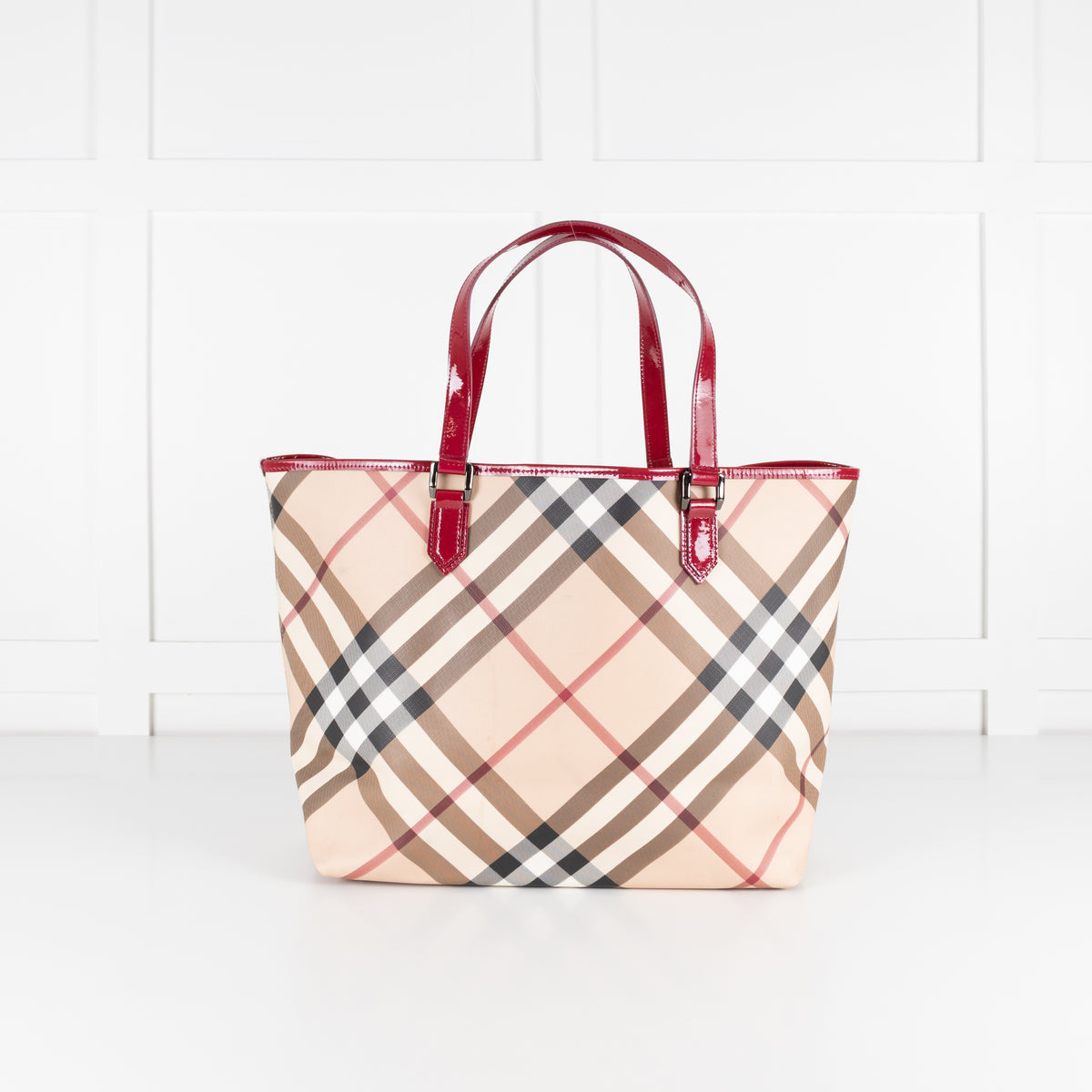 Burberry Nova Check Tote Bag with Red Patent Handles