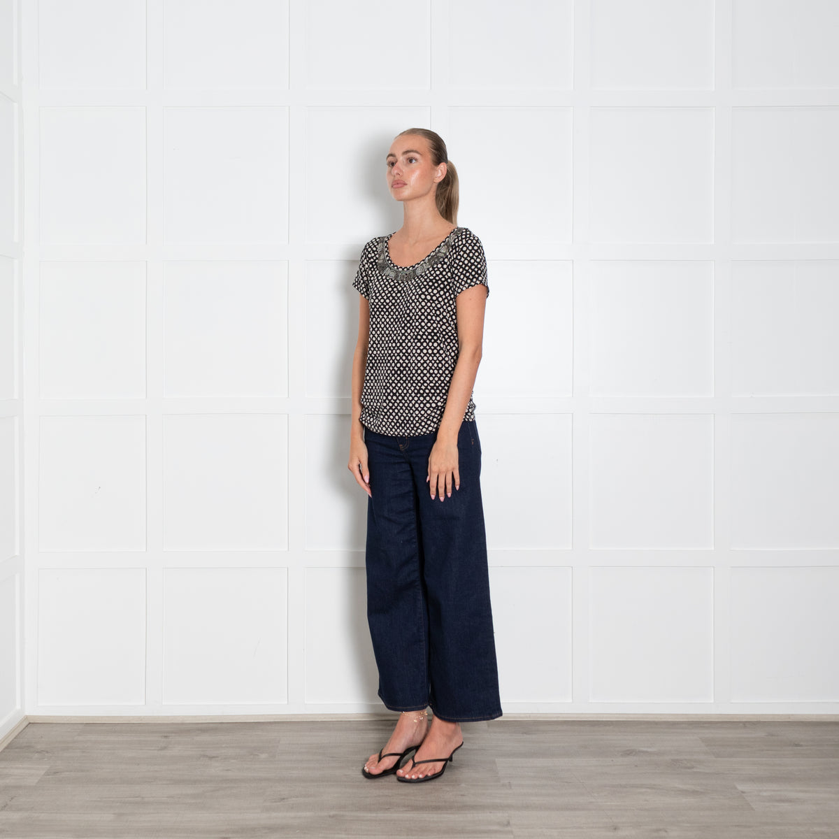 Weekend Max Mara Cream Black Print Beaded T Shirt