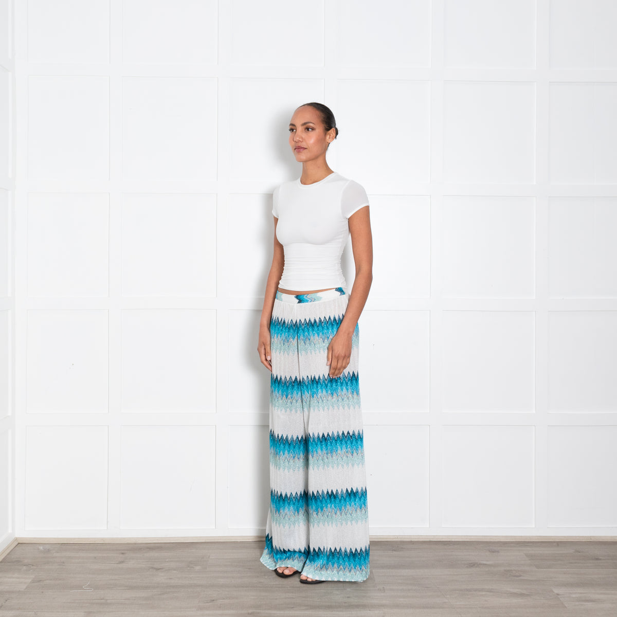 Missoni White and Turquoise Chevron Knit Trousers