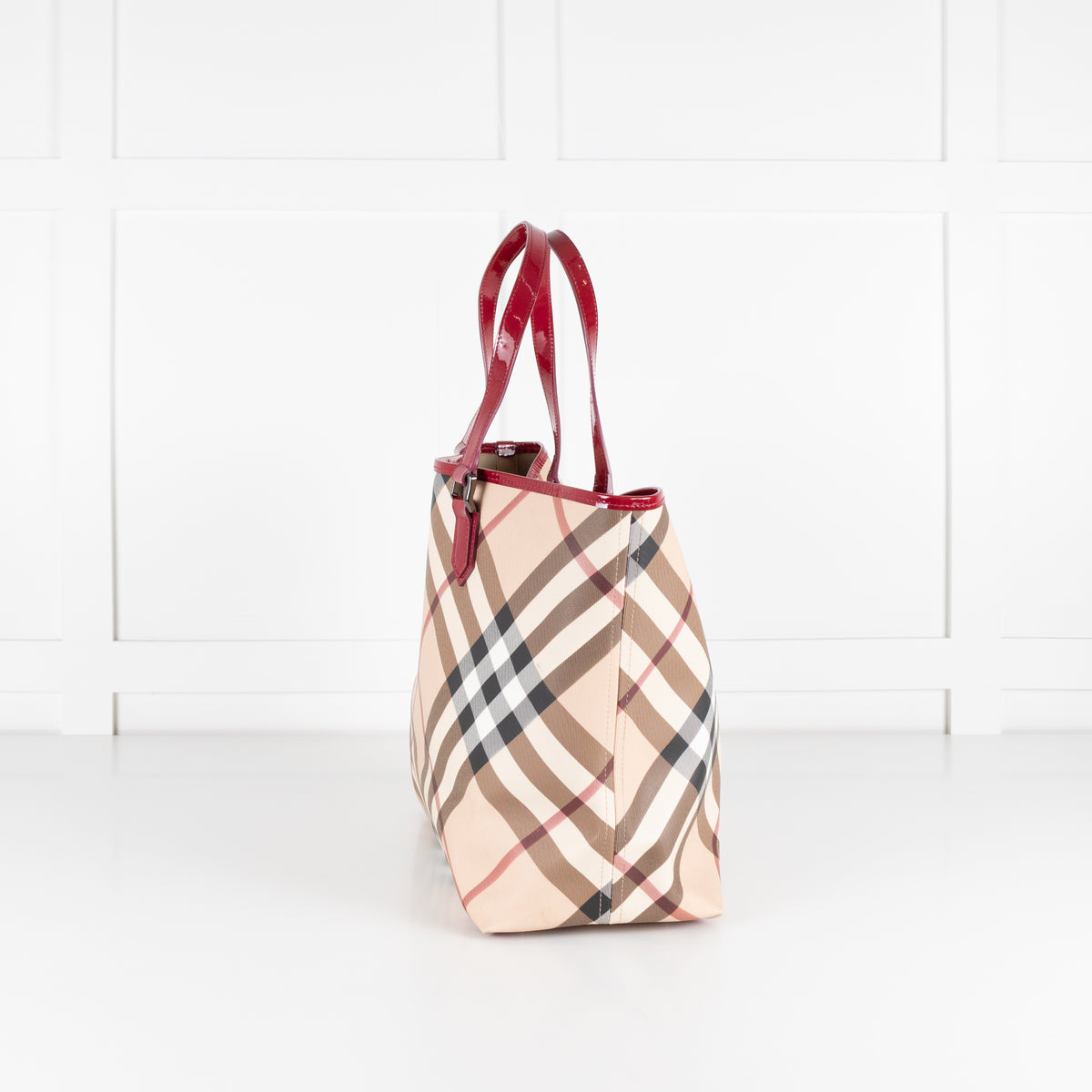 Burberry Nova Check Tote Bag with Red Patent Handles