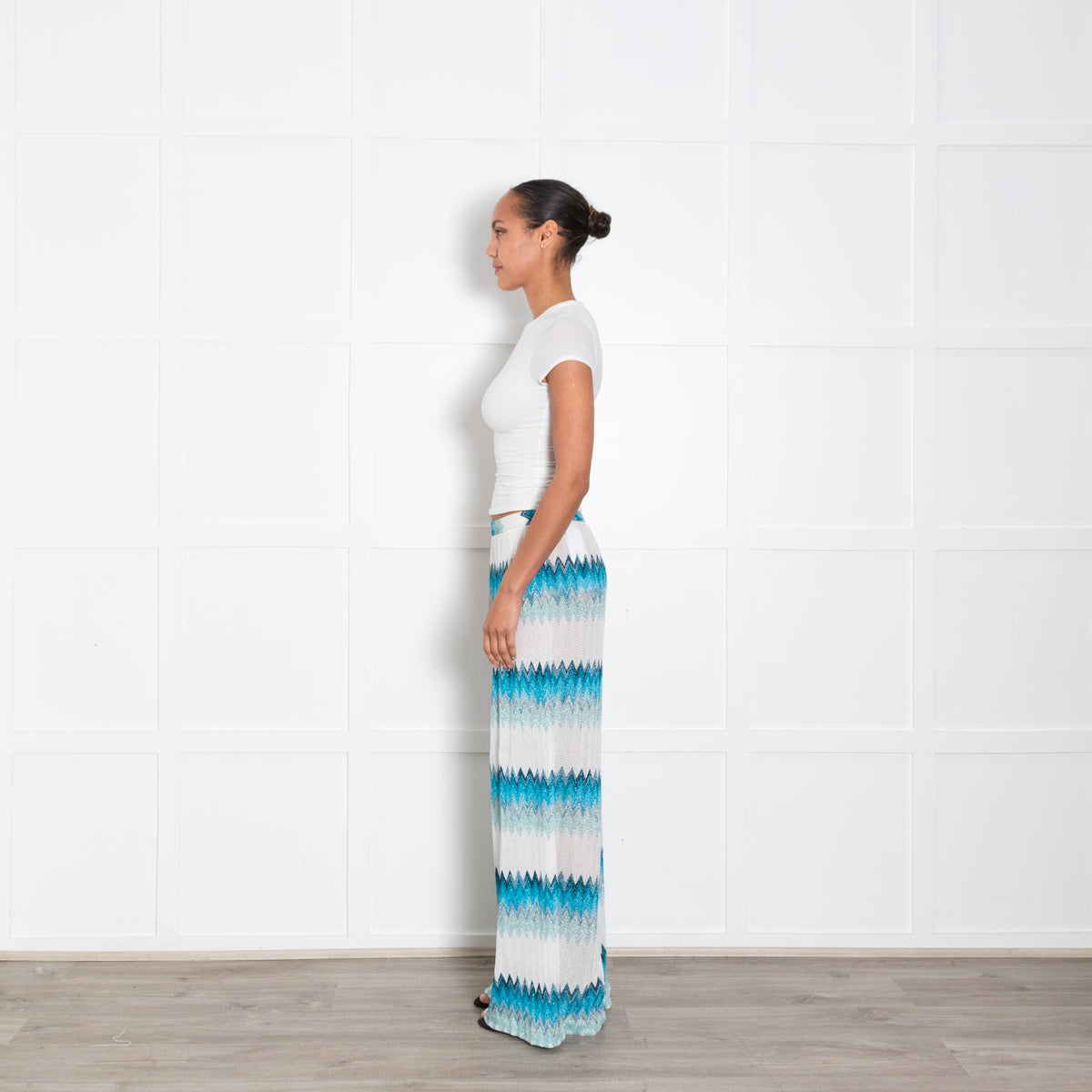 Missoni White and Turquoise Chevron Knit Trousers