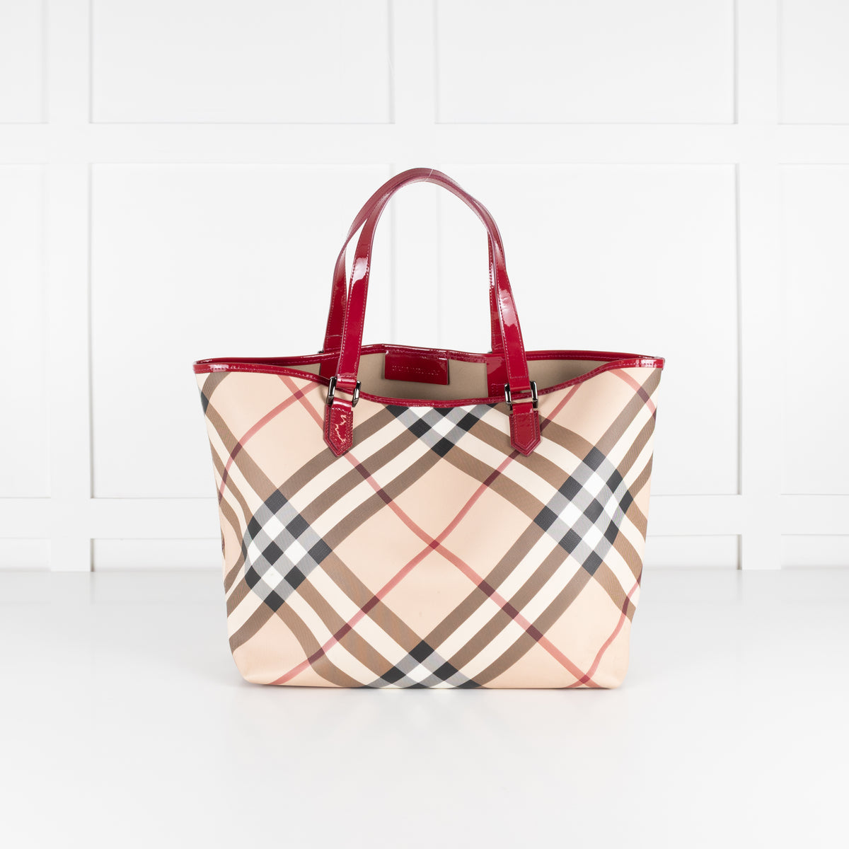 Burberry Nova Check Tote Bag with Red Patent Handles