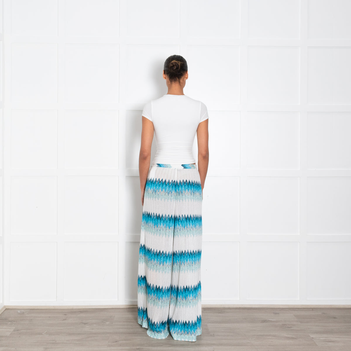 Missoni White and Turquoise Chevron Knit Trousers