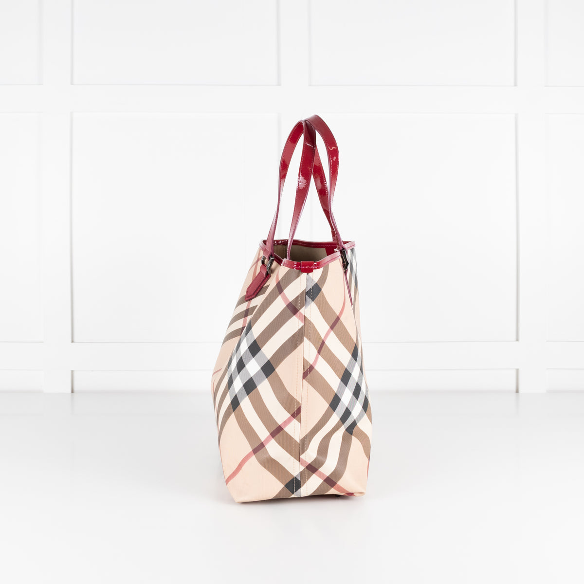 Burberry Nova Check Tote Bag with Red Patent Handles