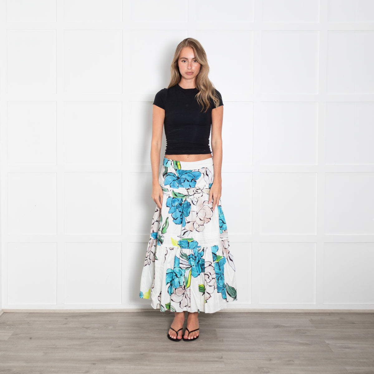 Aje Maya White And Blue Floral Print Tiered Skirt