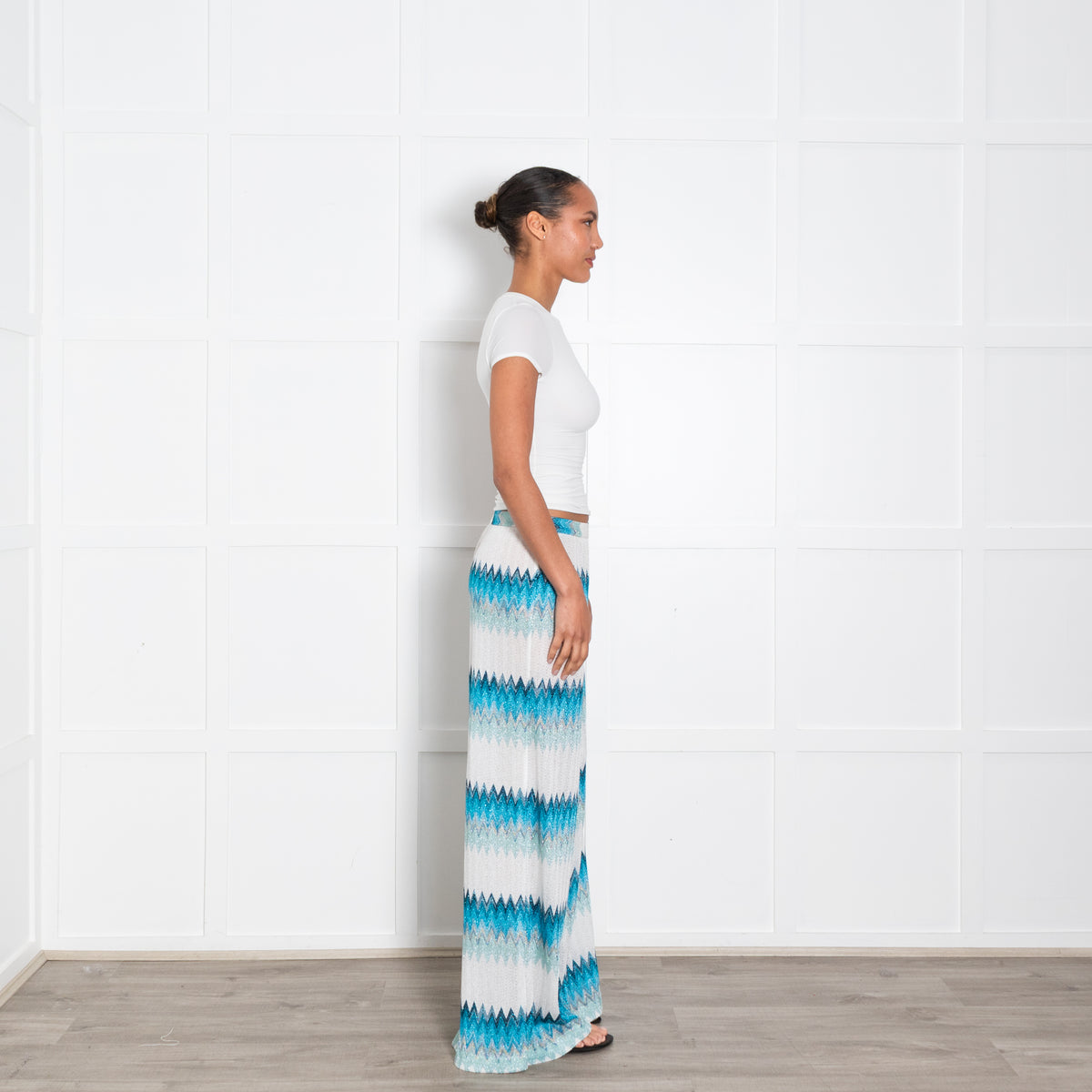 Missoni White and Turquoise Chevron Knit Trousers