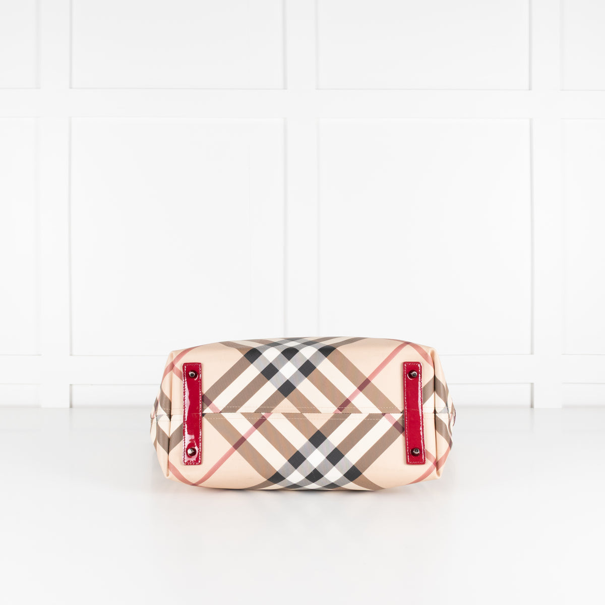 Burberry Nova Check Tote Bag with Red Patent Handles