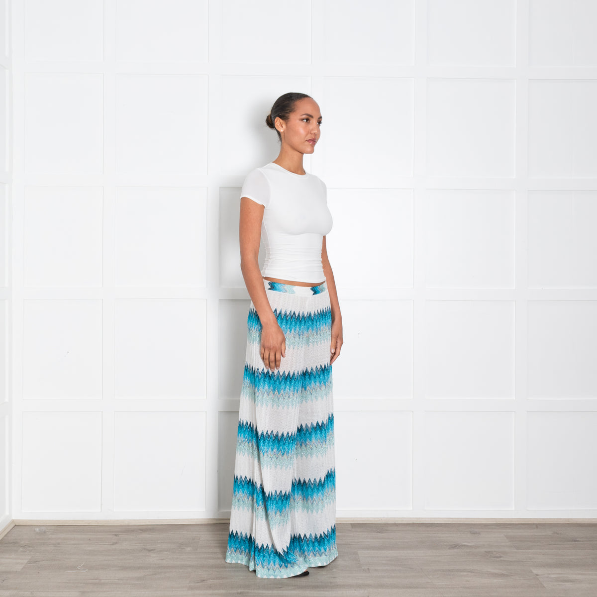 Missoni White and Turquoise Chevron Knit Trousers