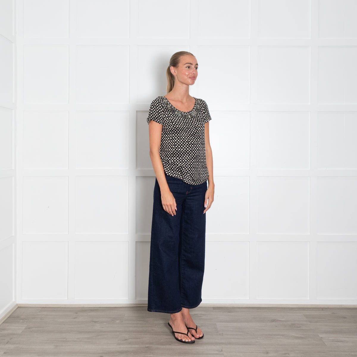 Weekend Max Mara Cream Black Print Beaded T Shirt