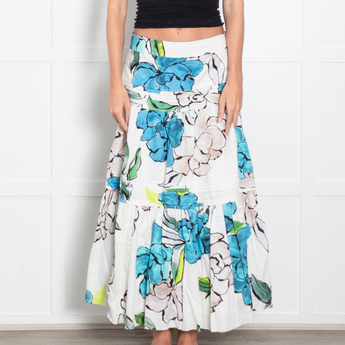 Aje Maya White And Blue Floral Print Tiered Skirt