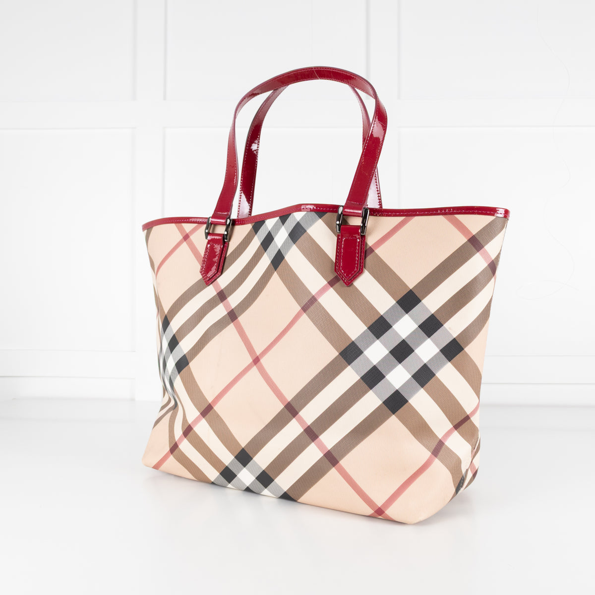 Burberry Nova Check Tote Bag with Red Patent Handles