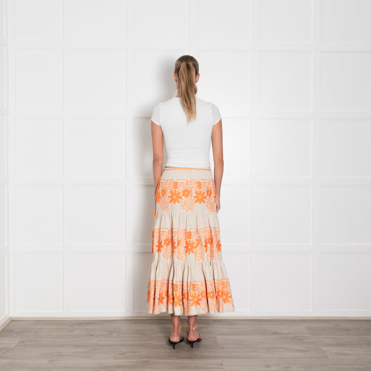 Maje Beige Orange Flower Embroidery Tiered Maxi Skirt