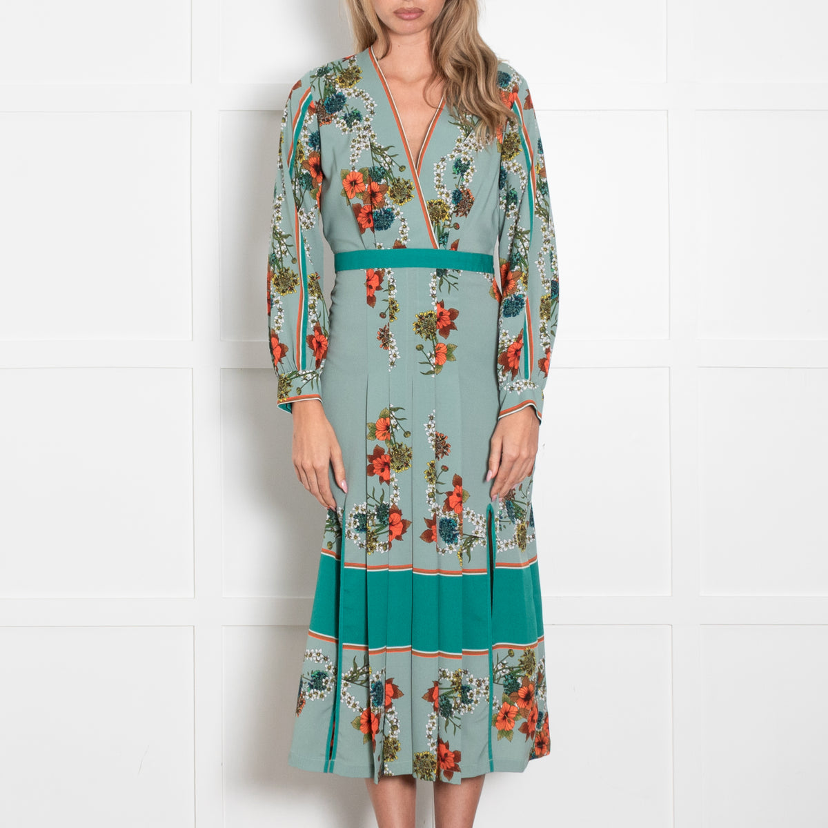 Sandro Green Floral Print Kimono Inspired Maxi Dress
