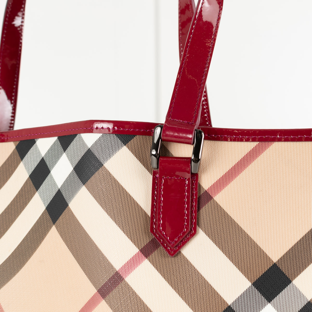 Burberry Nova Check Tote Bag with Red Patent Handles