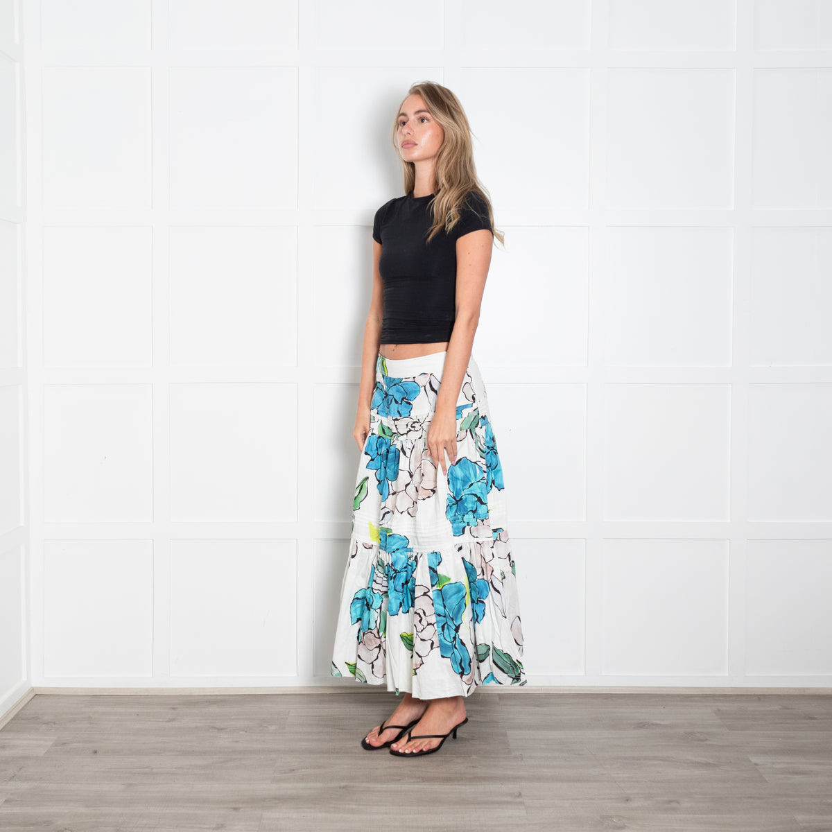 Aje Maya White And Blue Floral Print Tiered Skirt