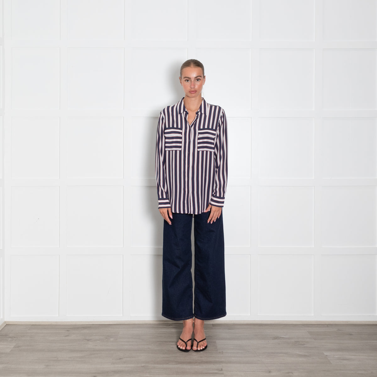 Equipment White Blue Red Stripe Silk Shirt