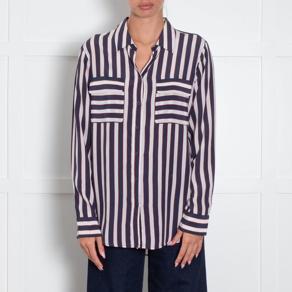 Equipment White Blue Red Stripe Silk Shirt