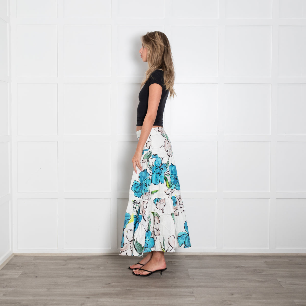 Aje Maya White And Blue Floral Print Tiered Skirt