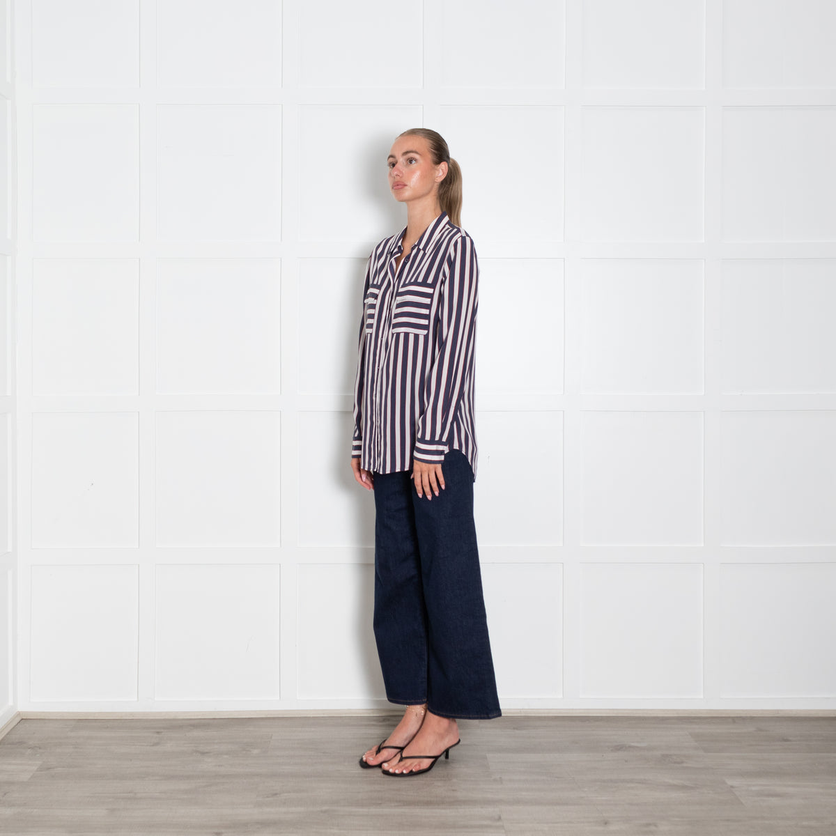 Equipment White Blue Red Stripe Silk Shirt