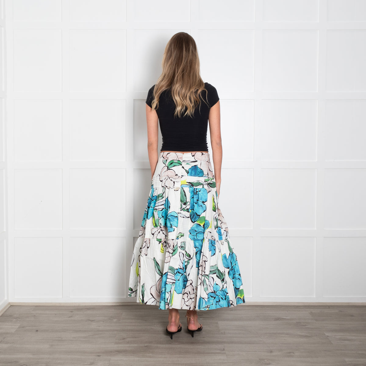 Aje Maya White And Blue Floral Print Tiered Skirt