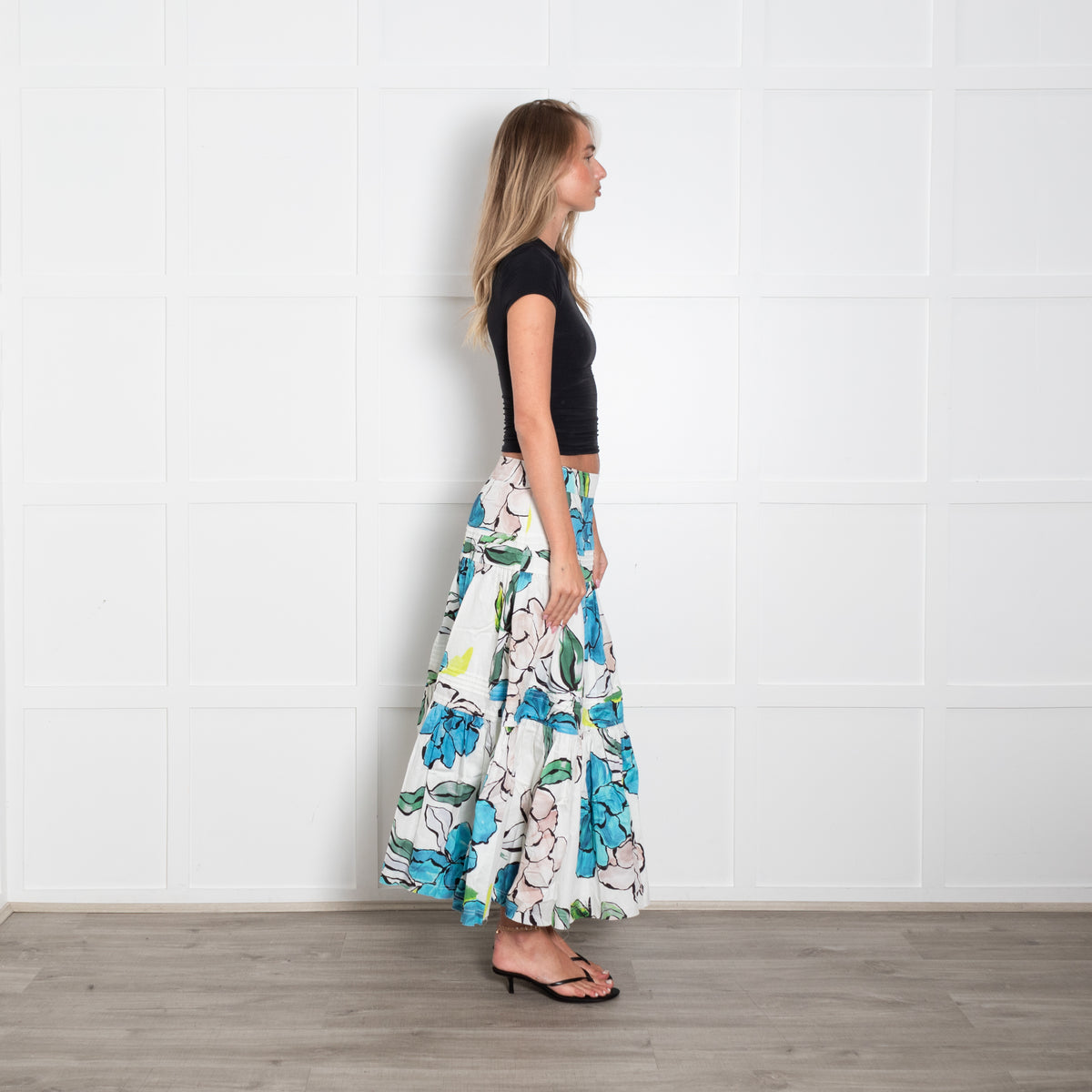 Aje Maya White And Blue Floral Print Tiered Skirt