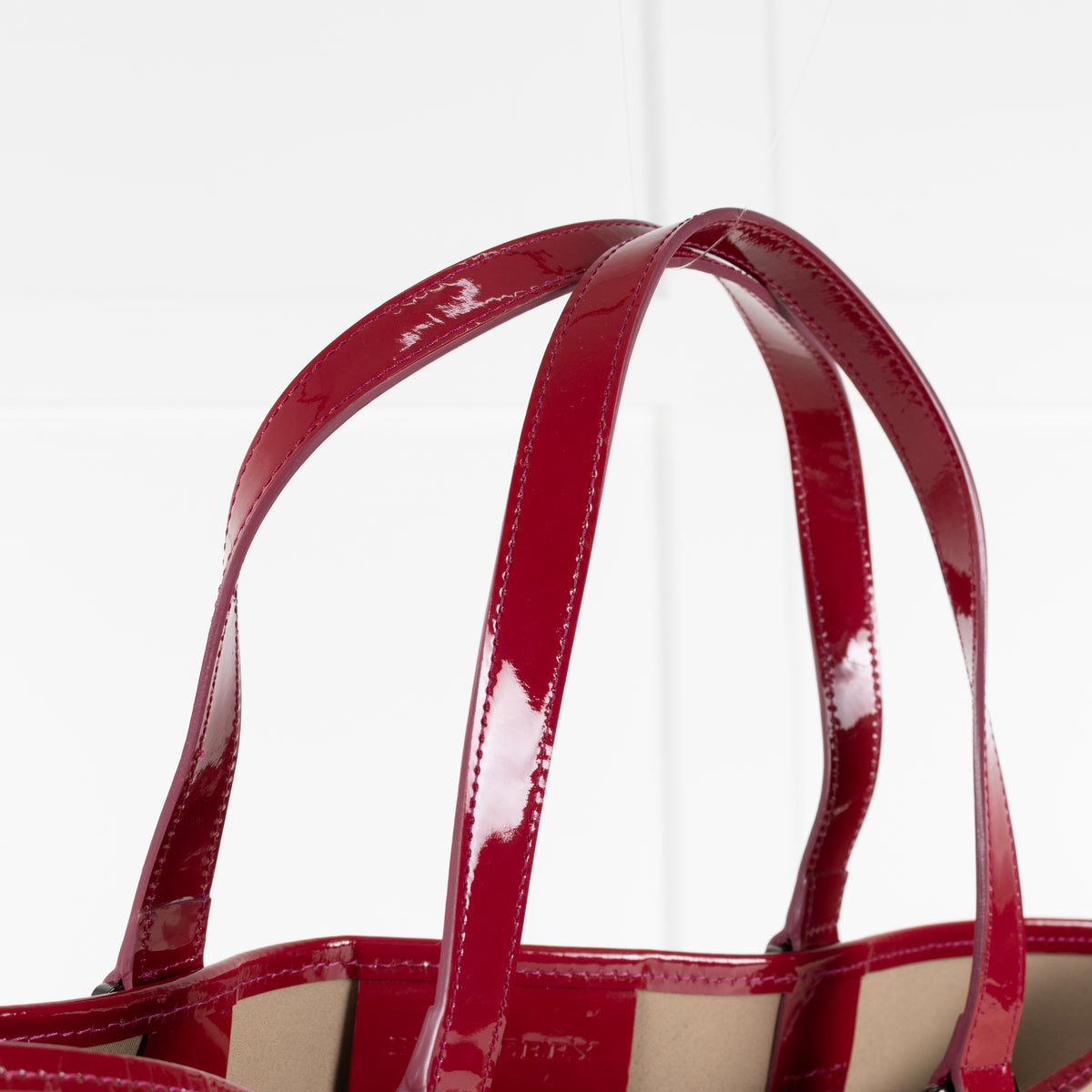 Burberry Nova Check Tote Bag with Red Patent Handles