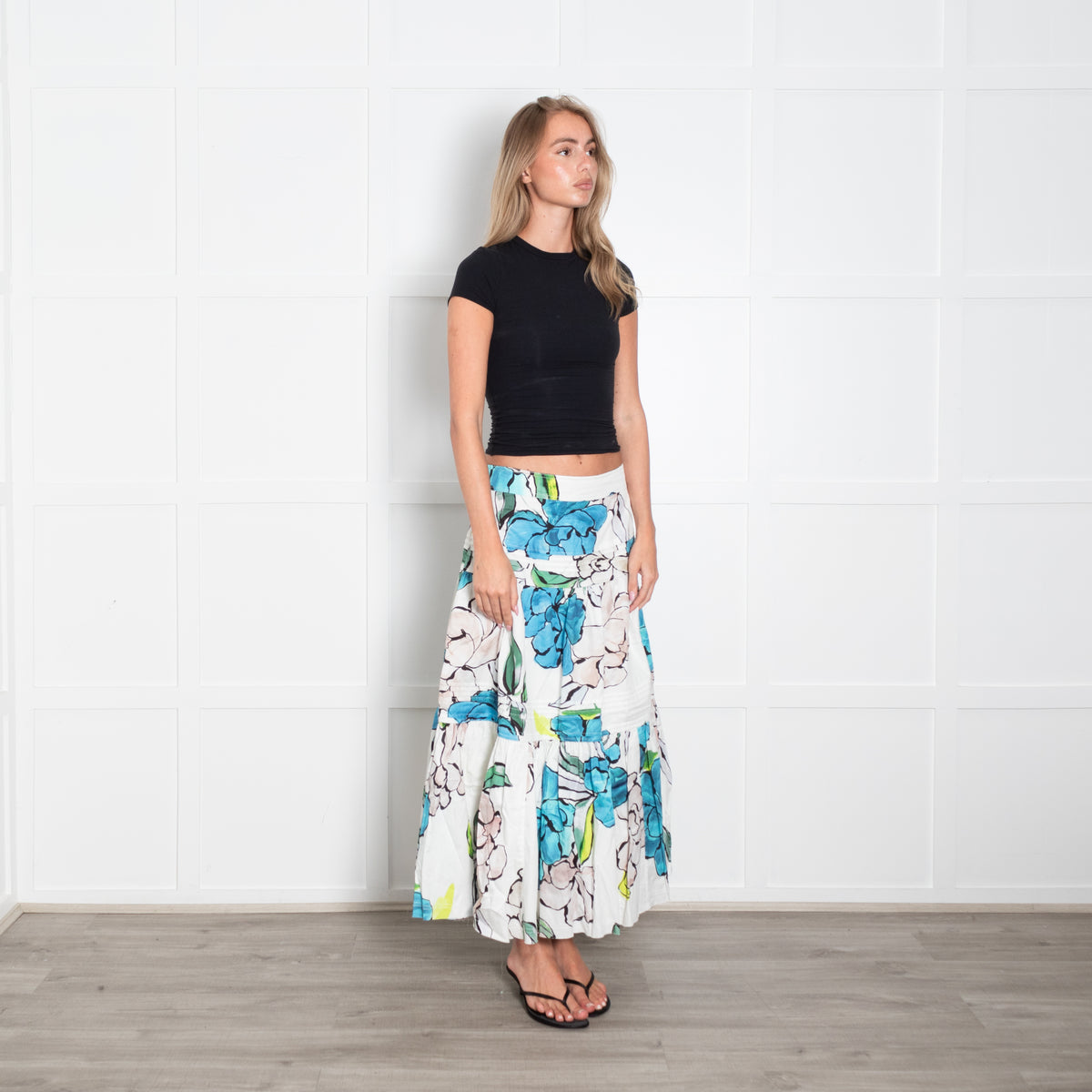 Aje Maya White And Blue Floral Print Tiered Skirt