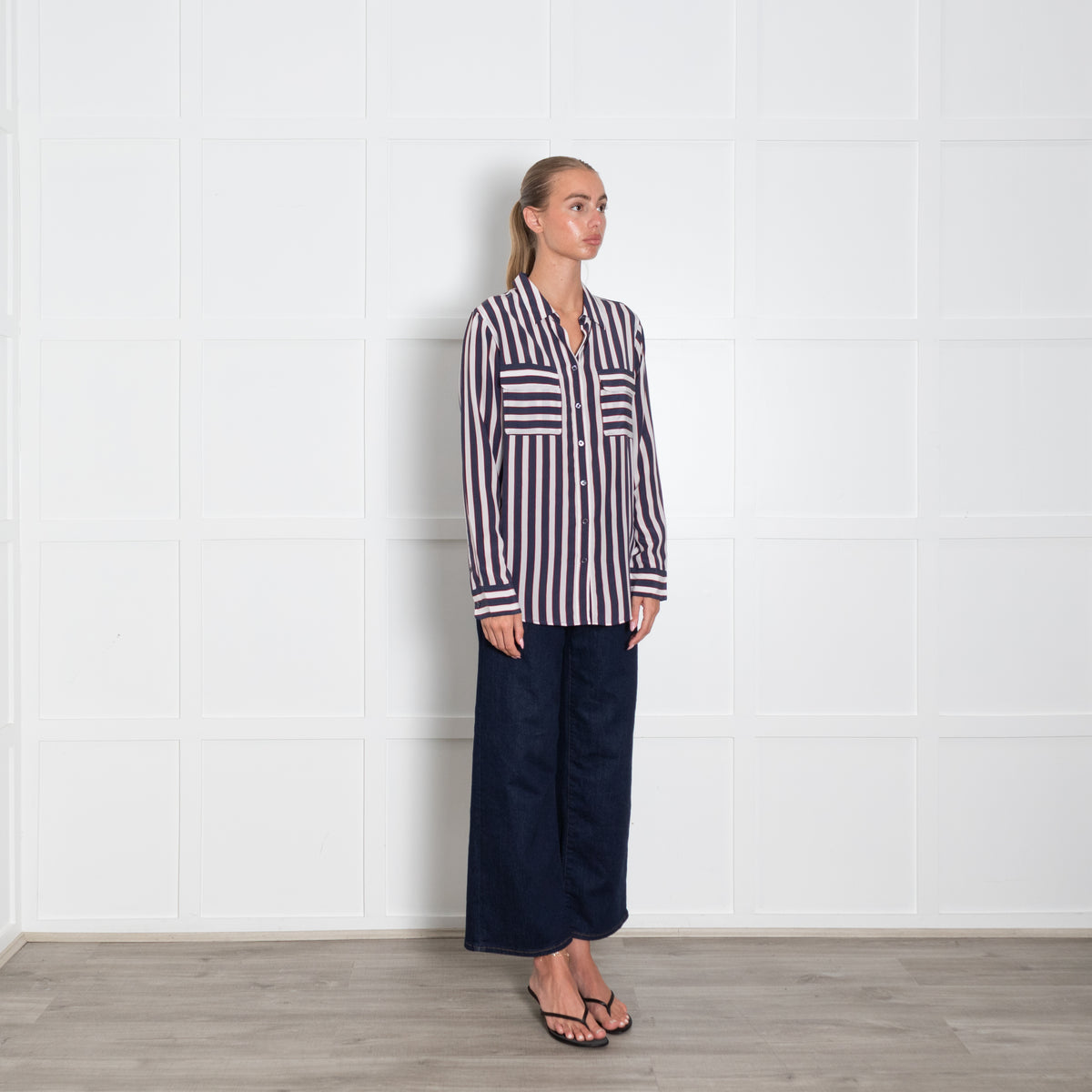 Equipment White Blue Red Stripe Silk Shirt