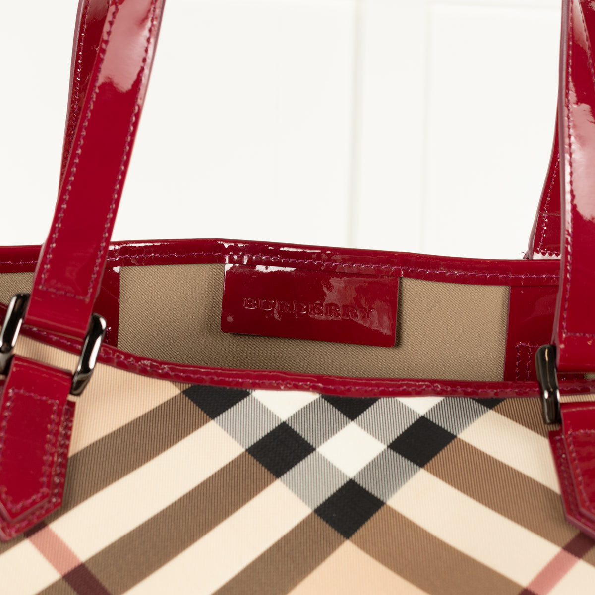 Burberry Nova Check Tote Bag with Red Patent Handles