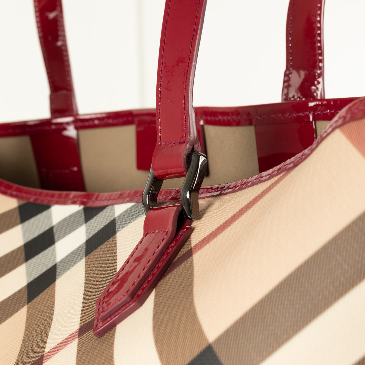 Burberry Nova Check Tote Bag with Red Patent Handles