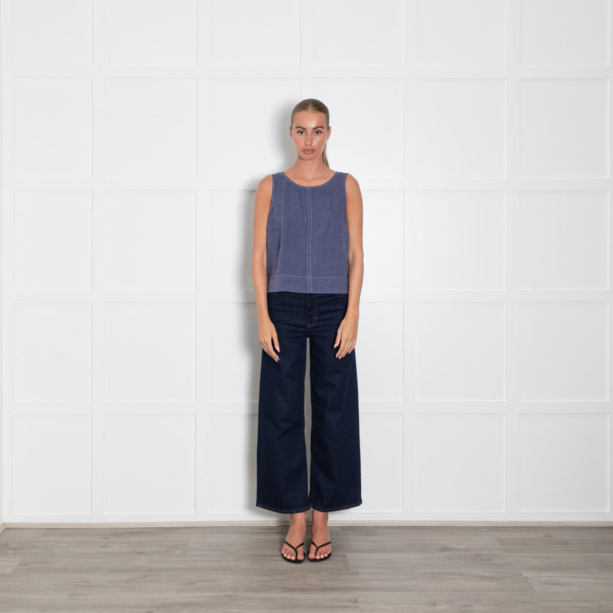 The White Company Blue White Thread Detail Linen Top