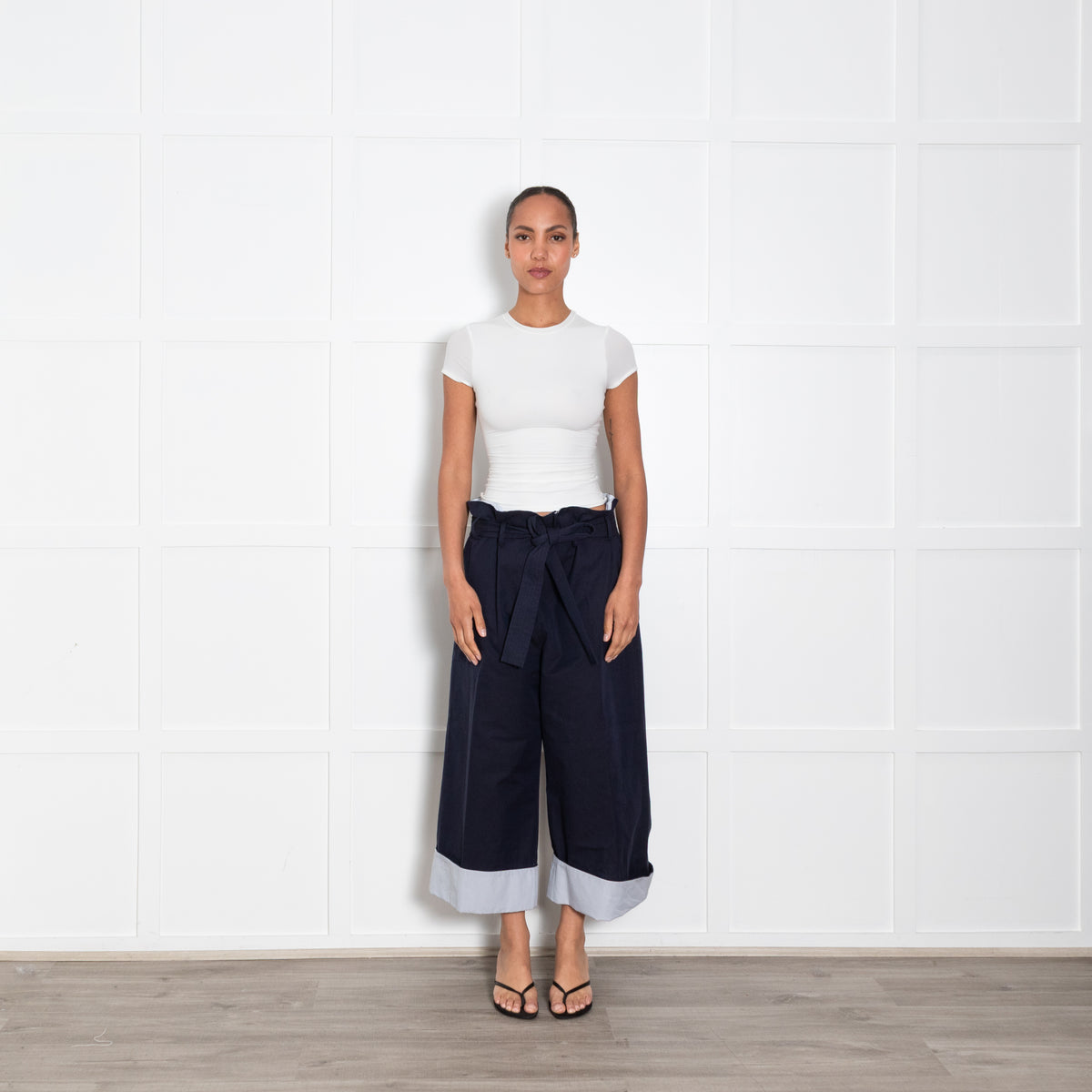 Loewe Navy Wide Leg Trousers Stripe Turnups